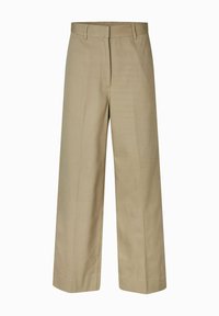 Pantaloni beige a gamba larga con una consistenza liscia, dotati di una parte anteriore piatta, passanti per cintura e una silhouette dritta, realizzati in tessuto leggero.