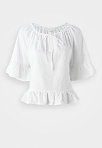 Blouse blanche à manches courtes avec un ourlet à volants et un col élastique, avec un détail à nouer à l'avant. Fabriquée en tissu léger.