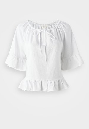 Biała bluzka z krótkim rękawem, z falbaniastym dołem i elastycznym dekoltem, z wiązaniem z przodu. Wykonana z lekkiego materiału.