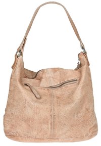 Sac hobo en cuir beige avec une seule bandoulière, doté d'une fermeture éclair sur le dessus et d'une poche zippée extérieure pour un rangement supplémentaire.