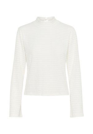 Witte langdruk top met hoge hals, gemaakt van textiel met een subtiel ruitpatroon; heeft een opening met sleutelgat aan de achterkant.