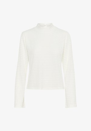 Valge pikkade varrukatega särk kõrge kaelusega, valmistatud tekstuuriga kangast, millel on peen ruuduline muster; sisaldab seljal lukkuava.