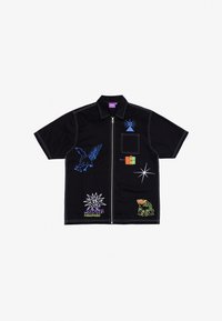 Black short-sleeve shirt with metallic blue and neon green embroidery, featuring various graphic designs and a zip closure.