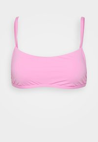 Top de bikini rosa com alças finas, feito de um tecido suave. Design simples com decote reto e textura franzida nas laterais.