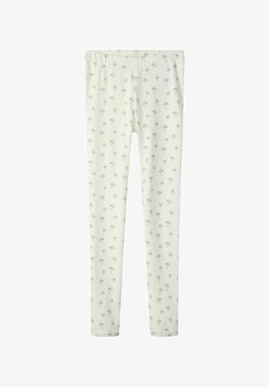 Leggings en tissu crème doux avec un motif floral en bleu pâle et vert, dotés d'une taille élastique et d'une silhouette ajustée.