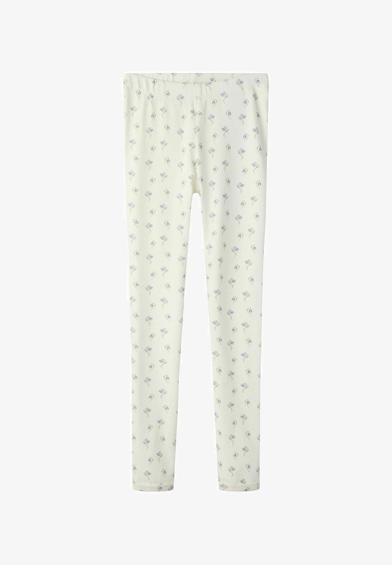 Leggings van een zachte crèmekleurige stof met een bloemmotief in lichtblauw en groen, voorzien van een elastische tailleband en een aansluitende pasvorm.