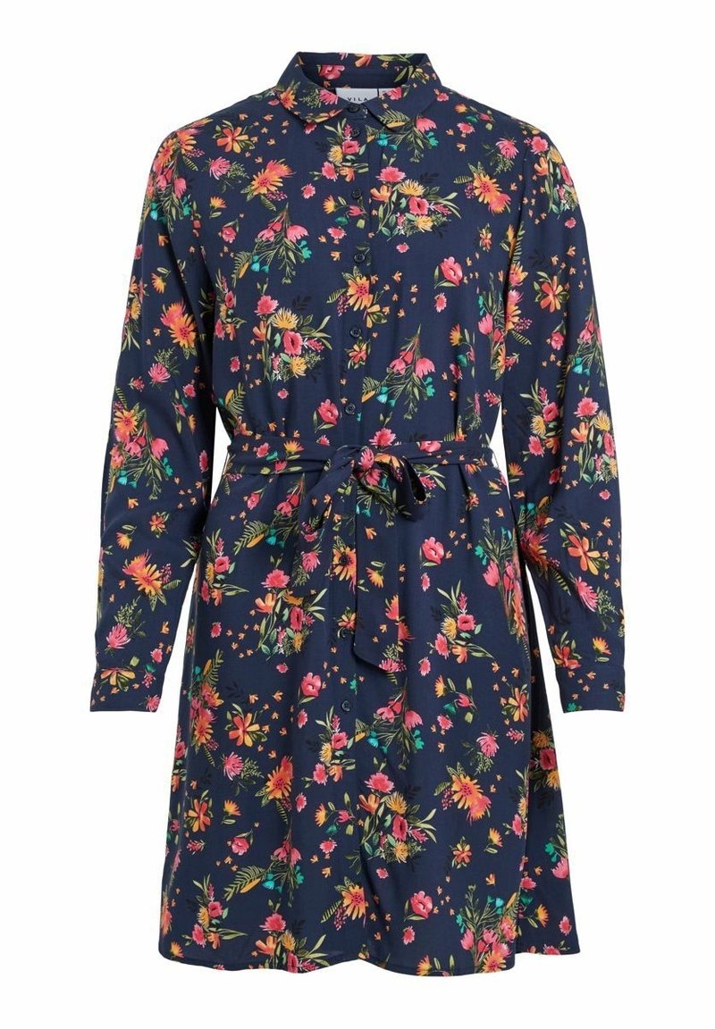 Navy blue long-sleeve shirt dress with pink, orange, and yellow floral print, button-front, collar, and waist tie belt.