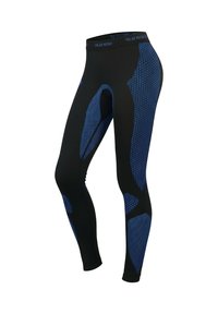 Schwarze Leggings mit blauen strukturierten Akzenten. Sie verfügen über ein eng anliegendes Design mit verschiedenen Mustern in Blau an den Seiten und einem Taillenbund mit der Aufschrift "POLAR HUSKY."