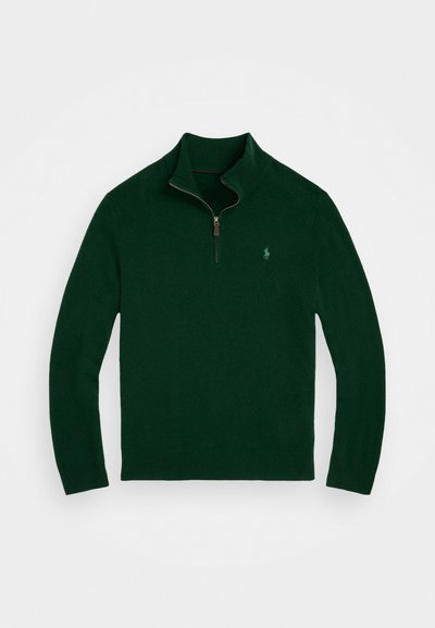 Pullover verde escuro com meia zip e colarinho e punhos canelados, feito de material de malha suave. Apresenta um pequeno logótipo no lado esquerdo do peito.