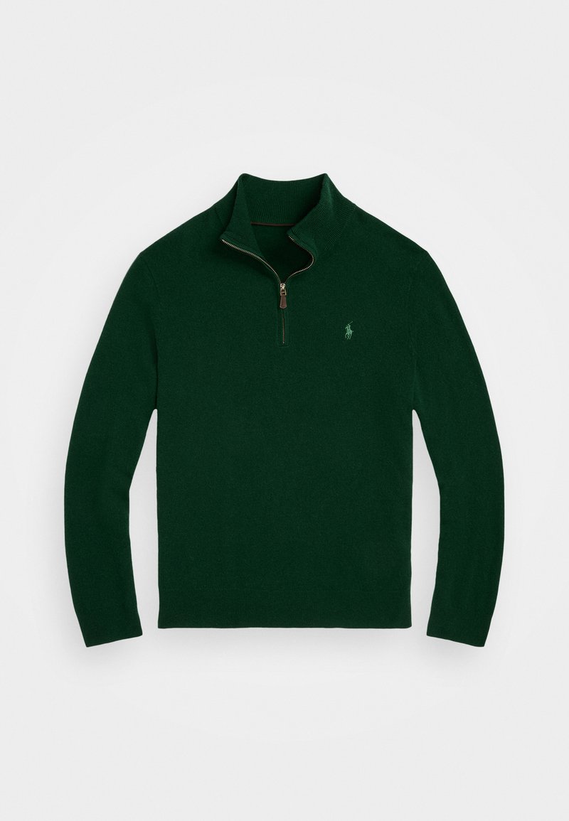 Dunkelgrüner Halb-Reißverschluss-Pullover mit geripptem Kragen und Bündchen, aus weichem Strickmaterial gefertigt. Verfügt über ein kleines Logo auf der linken Brust.