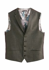 Grå houndstooth-väst med fem knappstängning, två framfickor och ett mönstrat sidenfoder med blå och blommiga motiv.