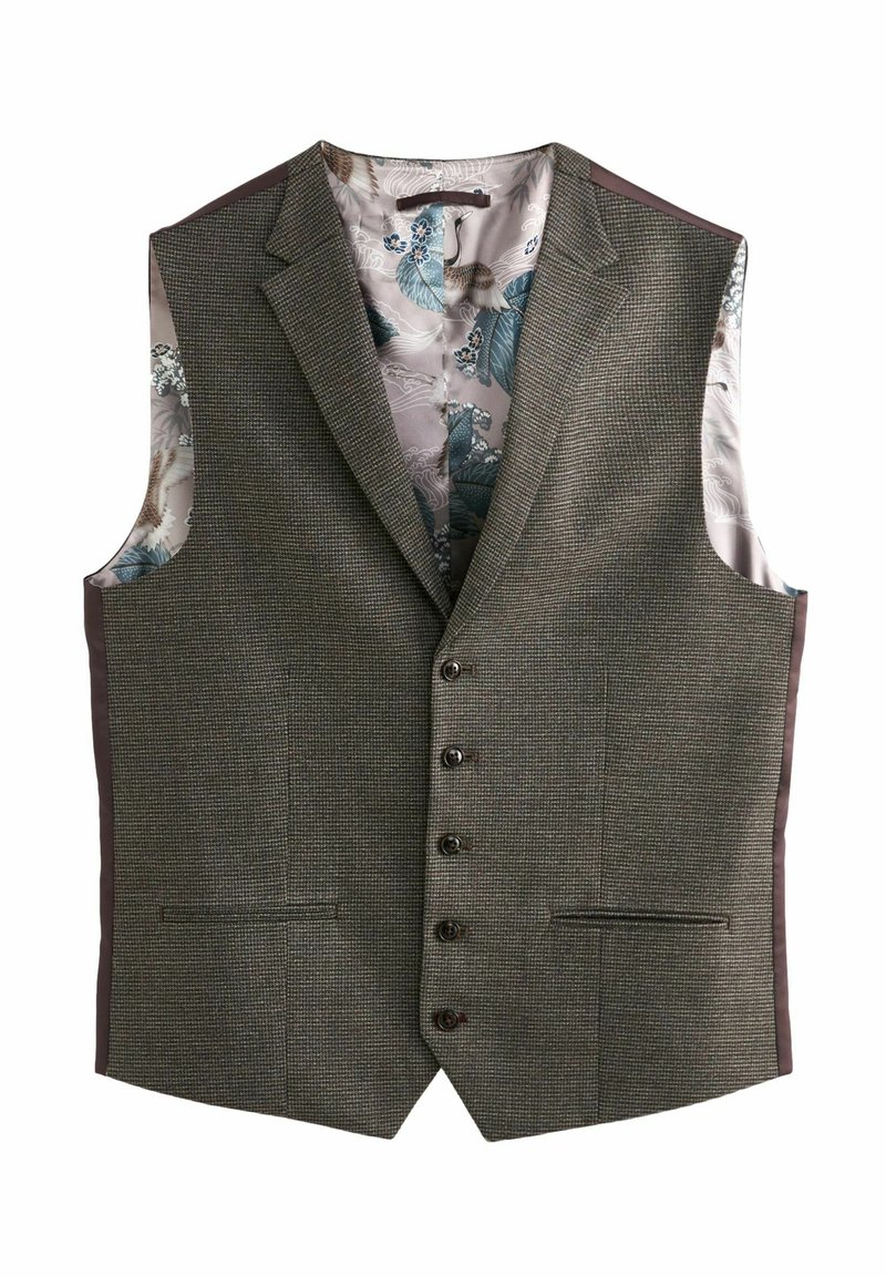 Grå houndstooth-väst med fem knappstängning, två framfickor och ett mönstrat sidenfoder med blå och blommiga motiv.