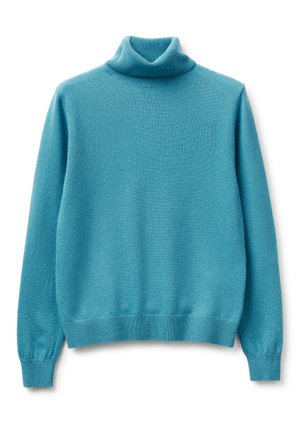 Zachte turquoise coltrui met lange mouwen, geribbelde manchetten en zoom, weergegeven op een witte achtergrond.