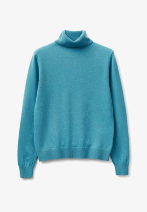 Maglione a collo alto a maniche lunghe di colore turchese tenue con polsini e orlo a coste, mostrato su uno sfondo bianco.