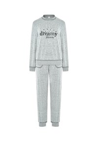 Conjunto de sudadera suave en gris claro con mangas largas, puños elásticos, bolsillos frontales y el texto "soñador para siempre" en la parte delantera de la sudadera.