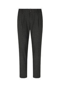 Pantalons taillés gris foncé avec un motif texturé, dotés d'une fermeture à bouton, de plis et d'une coupe fuselée. Taille élastique pour le confort.