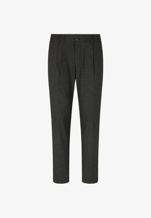 Dark gray tailored trousers with a textured pattern, featuring a button closure, pleats, and a tapered leg design. Elastic waist for comfort.