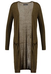 Długi kardigan z otwartym przodem w mieszance ciemnej zieleni i szarości. Posiada długie rękawy oraz dwie przednie kieszenie. Tkanina o fakturze z miękkim wykończeniem.