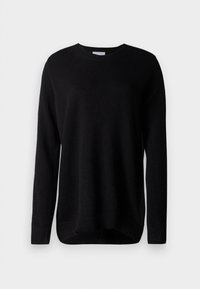 Suéter preto feito de um tecido suave, com mangas longas, gola redonda e punhos canelados. Design simples, sem padrões ou detalhes.