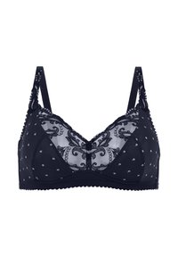 Reggiseno nero con coppe in pizzo trasparente caratterizzate da motivi floreali e texture a punti, con spalline regolabili. Bordo texturizzato lungo i lati.