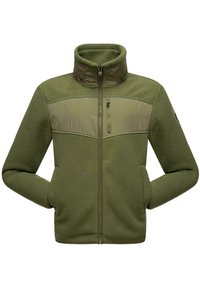 Olivgrüne Jacke mit hohem Kragen, aus einem Fleece-Oberteil und einem glatten Stoffpanel auf der Brust. Mit einem Reißverschluss-Brusttasche.