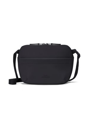 Black rectangular crossbody bag with front pocket, dual top zippers, adjustable strap, and subtle logo embossed on front center.