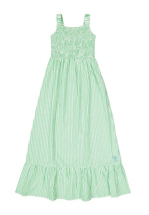 Maxikleid mit grünen und weißen Streifen, smokiertem Oberteil, quadratischen Trägern und einem gerüschten Saum. Der Stoff wirkt leicht und atmungsaktiv.