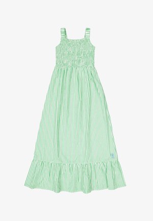 Maxikleid mit grünen und weißen Streifen, smokiertem Oberteil, quadratischen Trägern und einem gerüschten Saum. Der Stoff wirkt leicht und atmungsaktiv.