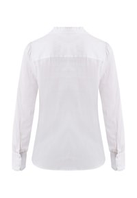 Camicia bianca a maniche lunghe con colletto arricciato, polsini con bottoni e texture liscia. Presenta un retro dritto con un dettaglio in yoke.