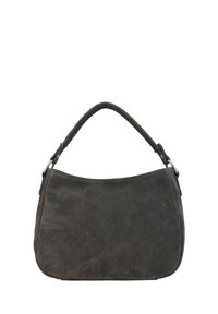 Dunkelgraue Wildleder-Schultertasche mit einem kurzen Tragegurt und silbernen Metallringen an jeder Seite vor einem weißen Hintergrund.