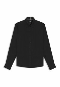 Camicia nera a maniche lunghe con colletto, realizzata in un tessuto testurizzato. Presenta una vestibilità regolare e chiusura anteriore con bottoni.