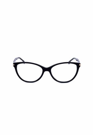 Occhiali da vista nero a forma di occhio di gatto con montature sottili e lenti trasparenti, mostrati frontalmente su uno sfondo bianco.