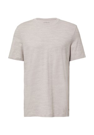 T-shirt gris clair à col rond en tissu doux et texturé. Manches courtes avec une coupe décontractée. Motif subtil visible dans le tissu.