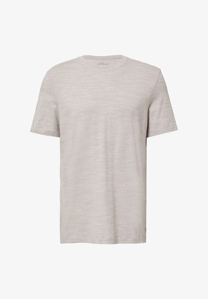T-shirt gris clair à col rond en tissu doux et texturé. Manches courtes avec une coupe décontractée. Motif subtil visible dans le tissu.