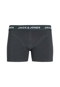 Boxer-briefs en coton gris avec une taille verte arborant la marque "JACK & JONES" en blanc. Conçus avec une coupe ajustée et des coutures contrastées.