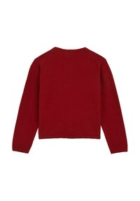 Musta tumma punainen pitkähihaine villapaita näkyy takaa, jossa on pyöreä kaula-aukko ja resorit hihoissa ja helmassa.