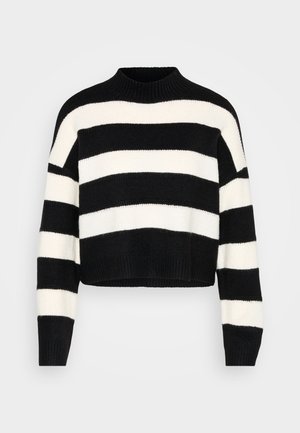 Schwarz-weißer, horizontal gestreifter, langärmliger, gekürzter Pullover mit geripptem hohen Kragen und Bündchen, auf einem hellen Hintergrund präsentiert.