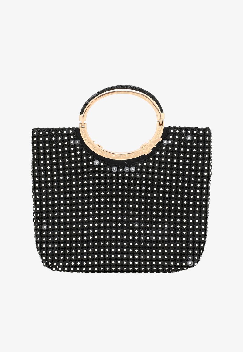 Black beaded handbag featuring a rounded metal handle, adorned with circular silver and black sequins, textured surface, and a structured shape.