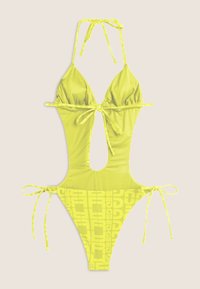 Neonin keltainen bikini, jossa on kolmionmuotoiset kupit ja sivuista leikattu malli. Bikinissä on säädettävät nauhat kaulassa ja sivuilla sekä pohjassa teksturoitu logokuvio.
