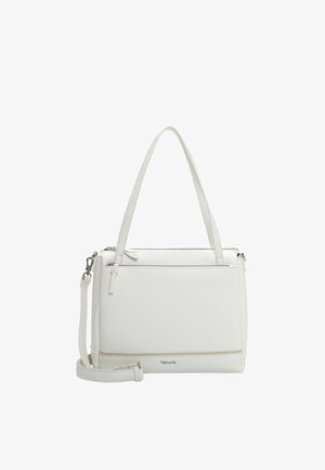 Hvid tekstureret håndtaske med to håndtag og en aftagelig skulderrem. Har lynlås, udvendig lomme og en diskret horisontal accentlinje.
