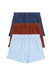 Set di tre pantaloni corti in cotone: blu navy, arancio ruggine e azzurro chiaro; cintura elastica; texture morbida; orlo piegato alle aperture delle gambe.
