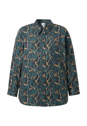 Mørkegrøn knap-ned skjorte med langeærmer, dekoreret med gule fugle og blågrønne bladgrene.
