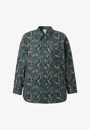 Mørkegrøn knap-ned skjorte med langeærmer, dekoreret med gule fugle og blågrønne bladgrene.