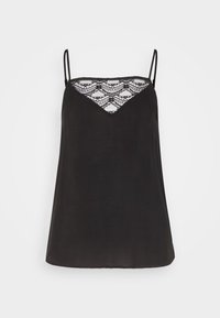 Czarny top na ramiączkach z cienkimi, regulowanymi paskami, z koronkowym panelem w kształcie litery V przy dekolcie. Gładki materiał o luźnym kroju.