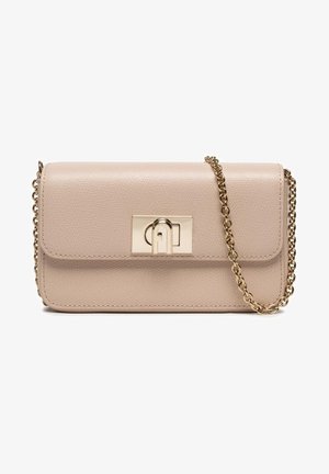 Beige leather crossbody bag with a gold-tone clasp, chain strap, and textured surface. Features a rectangular shape and minimal detailing.