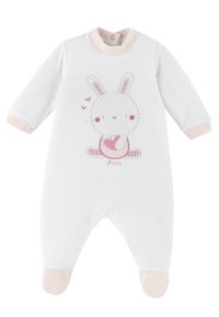 Vit bomull babyoverall med långa ärmar, rosa detaljer och en kanin grafik med hjärtan. Har tryckknappar vid halsen och en mjuk fotad design.
