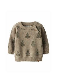 Beżowy sweter robiony na drutach z wzorem drzewa w ciemnozielonym kolorze, okrągły dekolt, ściągacze przy mankietach i u dołu oraz dwa drewniane guziki na ramieniu.