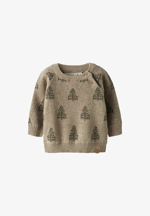 Beige gestrickter Pullover mit einem Baum-Muster in Dunkelgrün, Rundhalsausschnitt, gerippten Bündchen und Saum sowie zwei Holzknöpfen an der Schulter.