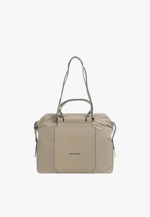Borsa tote in pelle beige con manici doppi e tracolla removibile. Presenta una chiusura con zip e un discreto logo impresso su una superficie liscia.
