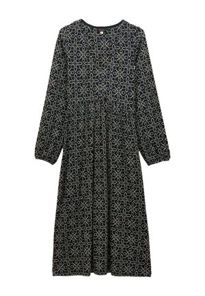 Langärmliges, dunkelblaues Kleid mit einem floralen und geometrischen beigen Muster. Es hat einen runden Ausschnitt und eine geraffte Taille für eine fließende Silhouette.